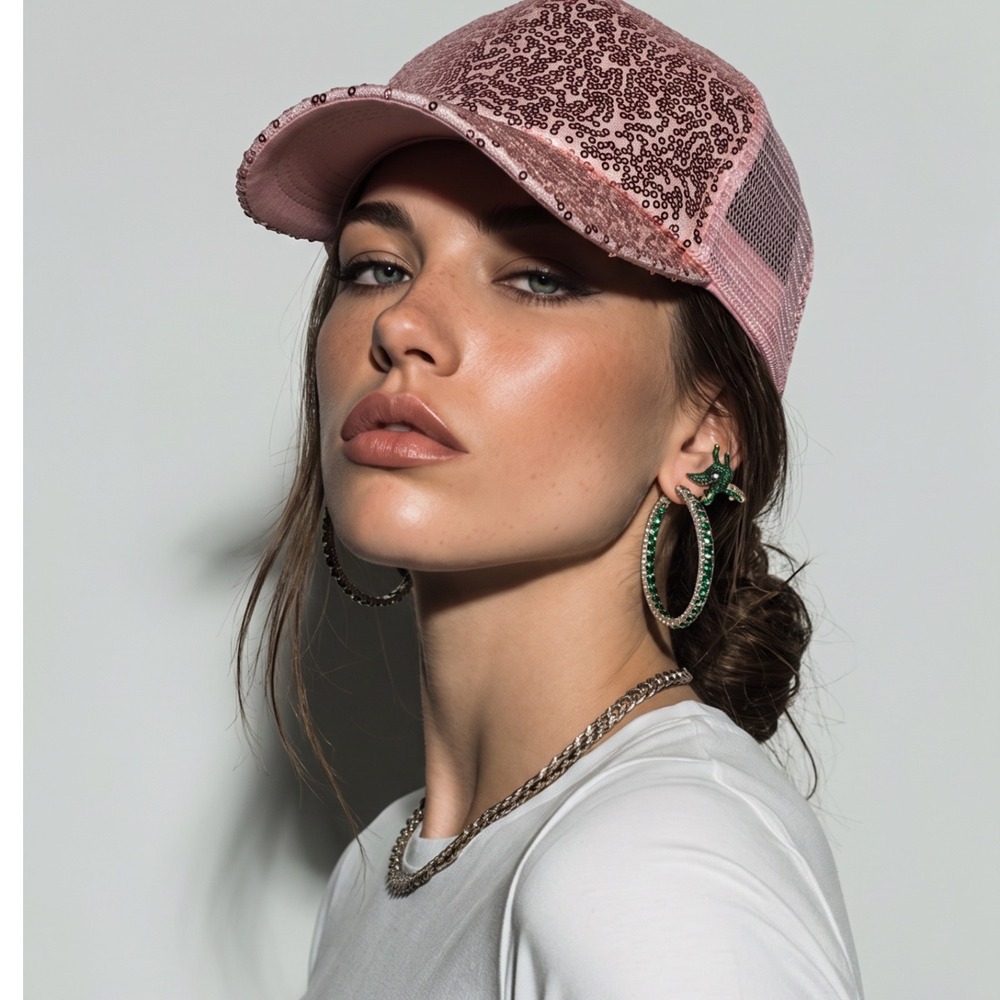 Pink Sequin Trucker Hat Mesh Snapback Baseball Cap Sparkly Glam Streetwear